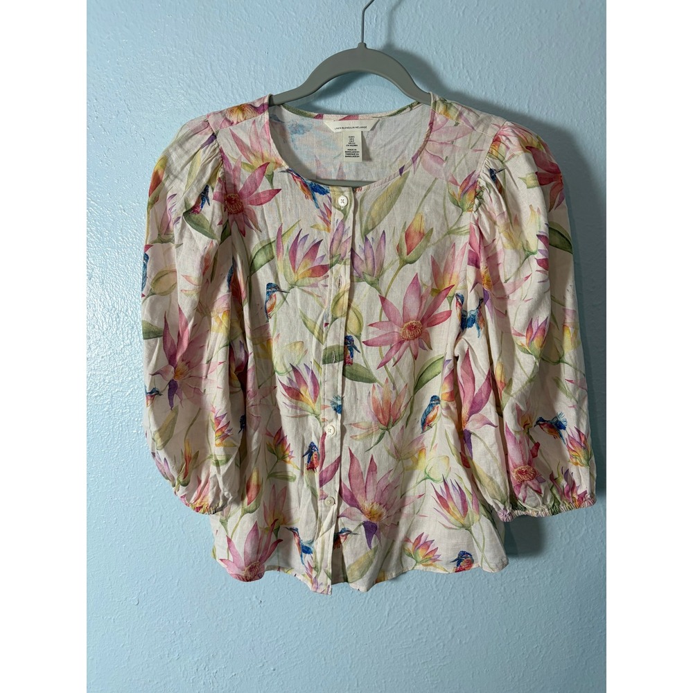HM Linen Blend Tropical Hummingbird Lily Puff Sleeve Small Cottagecore Feminine